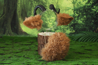 Faux fur sheep costume ears and tail goat kemonomimi sheep cosplay brown sheep ears with horns therian anime cosplay christmas gift birthday goat ear and tail butt plug