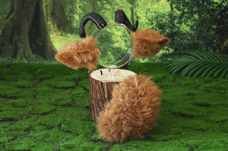 Faux fur sheep costume ears and tail goat kemonomimi sheep cosplay brown sheep ears with horns therian anime cosplay christmas gift birthday goat ear and tail butt plug