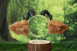 Faux fur sheep costume ears and tail goat kemonomimi sheep cosplay brown sheep ears with horns therian anime cosplay christmas gift birthday goat ear and tail butt plug