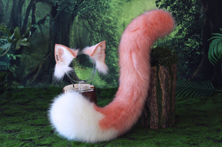 Pink and white stitching fox ears and tail butt plug curved wolf tail and ears cat tail and ears kitten ears and tail set anime cosplay role play