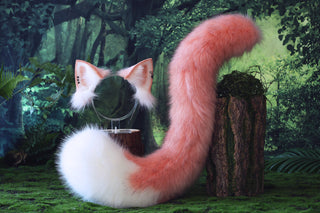 Pink and white stitching fox ears and tail butt plug curved wolf tail and ears cat tail and ears kitten ears and tail set anime cosplay role play