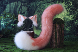 Pink and white stitching fox ears and tail butt plug curved wolf tail and ears cat tail and ears kitten ears and tail set anime cosplay role play