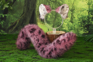 Pink black spot faux fur snow leopard ear and tail set role play snow leopard cosplay ear and tail therian spotted leopard kemonomimi christmas gift furry