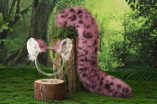 Pink black spot faux fur snow leopard ear and tail set role play snow leopard cosplay ear and tail therian spotted leopard kemonomimi christmas gift furry