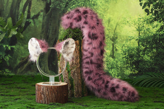 Pink black spot faux fur snow leopard ear and tail set role play snow leopard cosplay ear and tail therian spotted leopard kemonomimi christmas gift furry