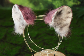 Pink black spot faux fur snow leopard ear and tail set role play snow leopard cosplay ear and tail therian spotted leopard kemonomimi christmas gift furry