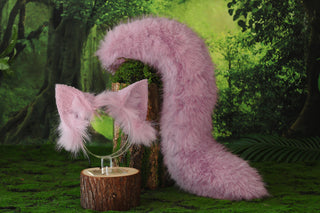 Pink fox tail and ear set realistic faux fur wolf ear and tail anime cosplay therian cat ear and tail kitten ears and tail kemonomimi furry