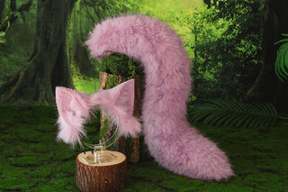 Pink fox tail and ear set realistic faux fur wolf ear and tail anime cosplay therian cat ear and tail kitten ears and tail kemonomimi furry