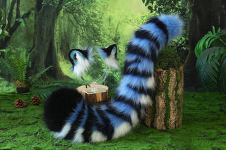 Blue tiger ear and tail set realistic faux fur tiger tail and ear set tiger petplay set animal cosplay tiger tail butt plug and ear tiger kemonomimi ears