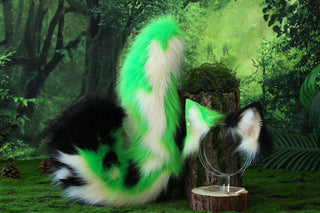 Green calico cat tail and ear kemonomimi kitten ear and tail butt plug anime cosplay therian puppy ear and tail dog ears and tail furry faux fur tail