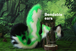 Green calico cat tail and ear kemonomimi kitten ear and tail butt plug anime cosplay therian puppy ear and tail dog ears and tail furry faux fur tail