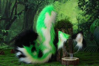 Green calico cat tail and ear kemonomimi kitten ear and tail butt plug anime cosplay therian puppy ear and tail dog ears and tail furry faux fur tail