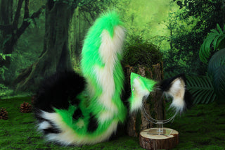 Green calico cat tail and ear kemonomimi kitten ear and tail butt plug anime cosplay therian puppy ear and tail dog ears and tail furry faux fur tail