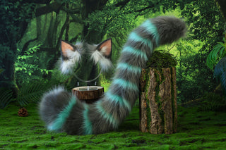 Cheshire cat ear and tail butt plug tug tail - Alice In Wonderland turquoise stripes cheshire cat tail and ear cheshire cat cosplay therian kitten kemonomimi