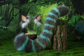 Cheshire cat ear and tail butt plug tug tail - Alice In Wonderland turquoise stripes cheshire cat tail and ear cheshire cat cosplay therian kitten kemonomimi
