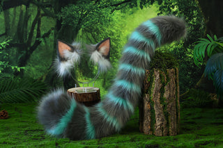 Cheshire cat ear and tail butt plug tug tail - Alice In Wonderland turquoise stripes cheshire cat tail and ear cheshire cat cosplay therian kitten kemonomimi