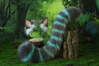 Cheshire cat ear and tail butt plug tug tail - Alice In Wonderland turquoise stripes cheshire cat tail and ear cheshire cat cosplay therian kitten kemonomimi