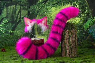 Rose red purple cheshire cat ear and tail butt plug tug tail - Alice In Wonderland turquoise stripes cheshire cat tail and ear cheshire cat cosplay therian kitten kemonomimi