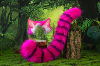 Rose red purple cheshire cat ear and tail butt plug tug tail - Alice In Wonderland turquoise stripes cheshire cat tail and ear cheshire cat cosplay therian kitten kemonomimi