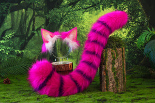 Rose red purple cheshire cat ear and tail butt plug tug tail - Alice In Wonderland turquoise stripes cheshire cat tail and ear cheshire cat cosplay therian kitten kemonomimi