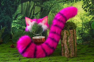 Rose red purple cheshire cat ear and tail butt plug tug tail - Alice In Wonderland turquoise stripes cheshire cat tail and ear cheshire cat cosplay therian kitten kemonomimi