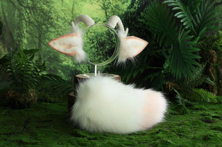 faux fur white sheep ear and tail set therian goat tail and ear anime cosplay goat petplay furry sheep kemonomimi goat girl sheep fursuit gear