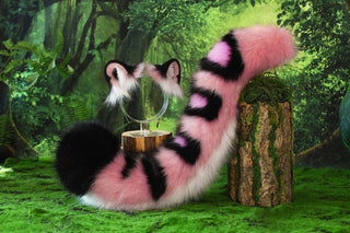 Pink black faux fur snow leopard ear and tail butt plug set role play snow leopard cosplay ear and tail therian leopard kemonomimi halloween gift