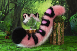 Pink black faux fur snow leopard ear and tail butt plug set role play snow leopard cosplay ear and tail therian leopard kemonomimi halloween gift