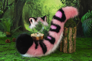 Pink black faux fur snow leopard ear and tail butt plug set role play snow leopard cosplay ear and tail therian leopard kemonomimi halloween gift