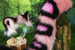 Pink black faux fur snow leopard ear and tail butt plug set role play snow leopard cosplay ear and tail therian leopard kemonomimi halloween gift