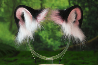 Pink black faux fur snow leopard ear and tail butt plug set role play snow leopard cosplay ear and tail therian leopard kemonomimi halloween gift