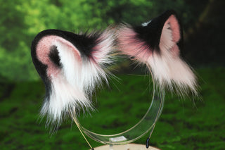 Pink black faux fur snow leopard ear and tail butt plug set role play snow leopard cosplay ear and tail therian leopard kemonomimi halloween gift