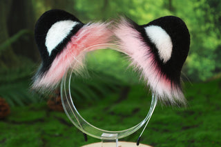 Pink black faux fur snow leopard ear and tail butt plug set role play snow leopard cosplay ear and tail therian leopard kemonomimi halloween gift