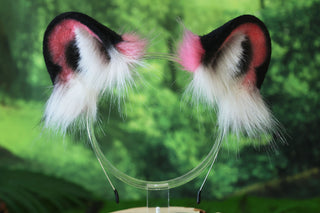 Pink faux fur snow leopard ear and tail set role play snow leopard cosplay ear and tail therian leopard kemonomimi christmas gift furry tail