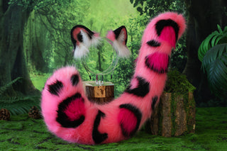 Pink faux fur snow leopard ear and tail set role play snow leopard cosplay ear and tail therian leopard kemonomimi christmas gift furry tail