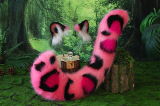 Pink faux fur snow leopard ear and tail set role play snow leopard cosplay ear and tail therian leopard kemonomimi christmas gift furry tail