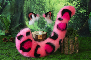 Pink faux fur snow leopard ear and tail set role play snow leopard cosplay ear and tail therian leopard kemonomimi christmas gift furry tail