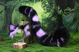 Purple black faux fur bengal cat tail and ear leopard cat cat ear and tail kitten kemonomimi anime cosplay therian savannah cat therian halloween gift