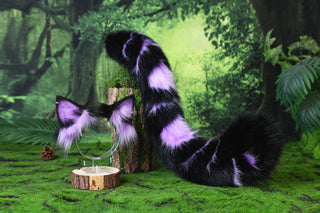 Purple black faux fur bengal cat tail and ear leopard cat cat ear and tail kitten kemonomimi anime cosplay therian savannah cat therian halloween gift