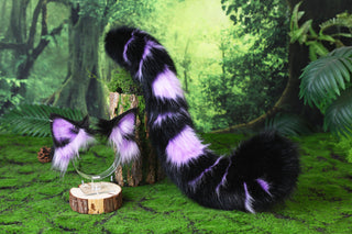 Purple black faux fur bengal cat tail and ear leopard cat cat ear and tail kitten kemonomimi anime cosplay therian savannah cat therian halloween gift