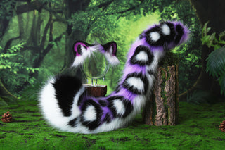 Purple black white faux fur snow leopard ear and tail role play snow leopard cosplay ear and tail butt plug leopard therian kemonomimi christmas gift halloween