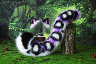 Purple black white faux fur snow leopard ear and tail role play snow leopard cosplay ear and tail butt plug leopard therian kemonomimi christmas gift halloween