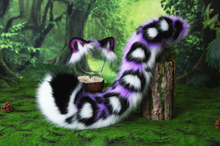Purple black white faux fur snow leopard ear and tail role play snow leopard cosplay ear and tail butt plug leopard therian kemonomimi christmas gift halloween