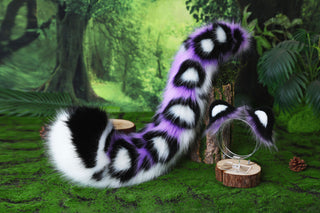 Purple black white faux fur snow leopard ear and tail role play snow leopard cosplay ear and tail butt plug leopard therian kemonomimi christmas gift halloween