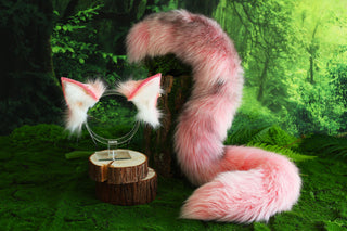 Pink black real fur fox tail butt plug and faux fur ears wolf tail cat ear headband and tail petplay kittenplay tail anime cosplay animal role play