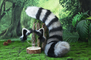 Raccoon ear and tail kemonomimi realistic faux fur gray black raccoon ear and tail butt plug therian anime cosplay raccoon ear and tail furry gift