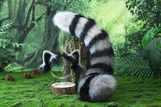 Raccoon ear and tail kemonomimi realistic faux fur gray black raccoon ear and tail butt plug therian anime cosplay raccoon ear and tail furry gift