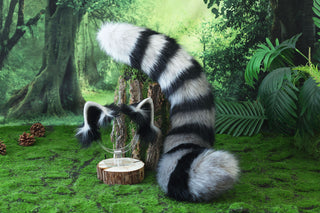 Raccoon ear and tail kemonomimi realistic faux fur gray black raccoon ear and tail butt plug therian anime cosplay raccoon ear and tail furry gift