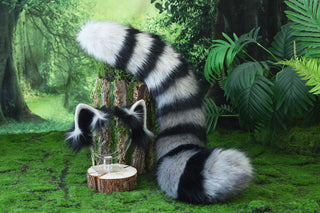 Raccoon ear and tail kemonomimi realistic faux fur gray black raccoon ear and tail butt plug therian anime cosplay raccoon ear and tail furry gift