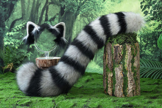 Raccoon ear and tail kemonomimi realistic faux fur gray black raccoon ear and tail butt plug therian anime cosplay raccoon ear and tail furry gift